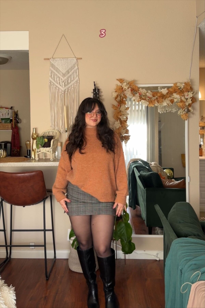 Cozy Sweater with Plaid Mini Skirt