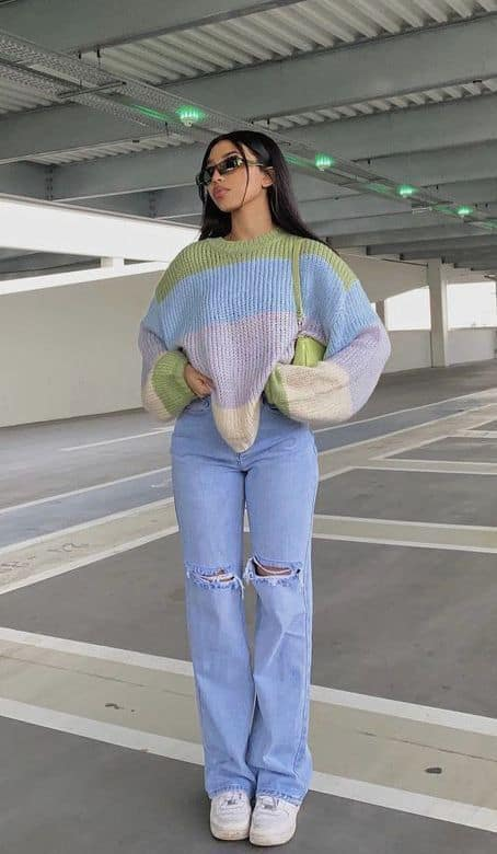 Pastel Striped Sweater with Flared Jeans