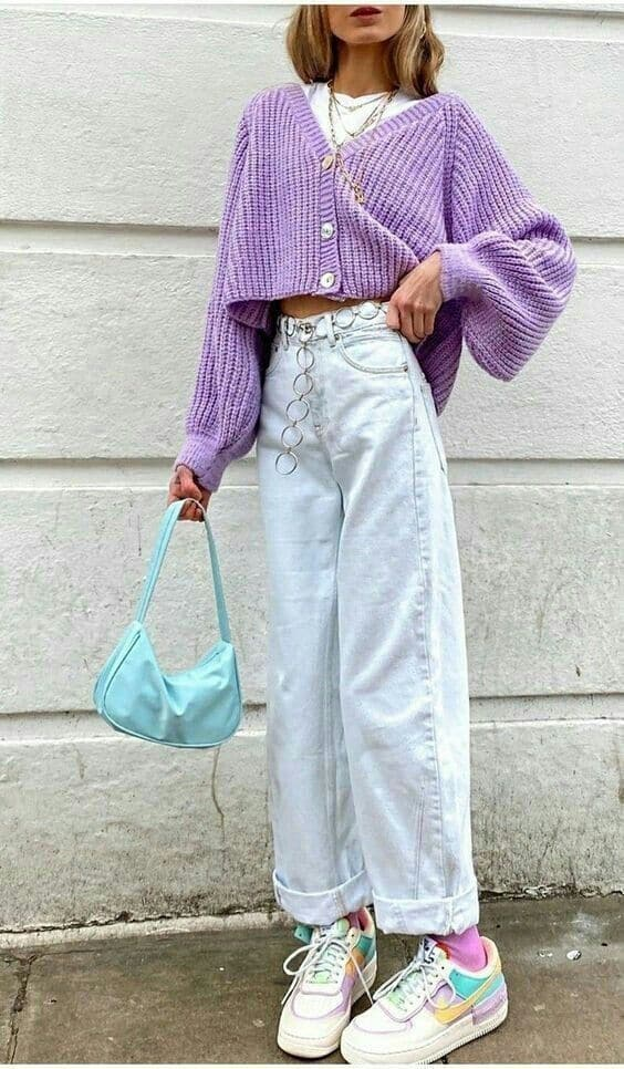 Lavender Cardigan and Wide-Leg Jeans